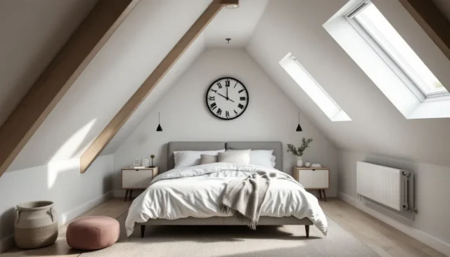 Converted attic bedroom with sloped ceilings, expo