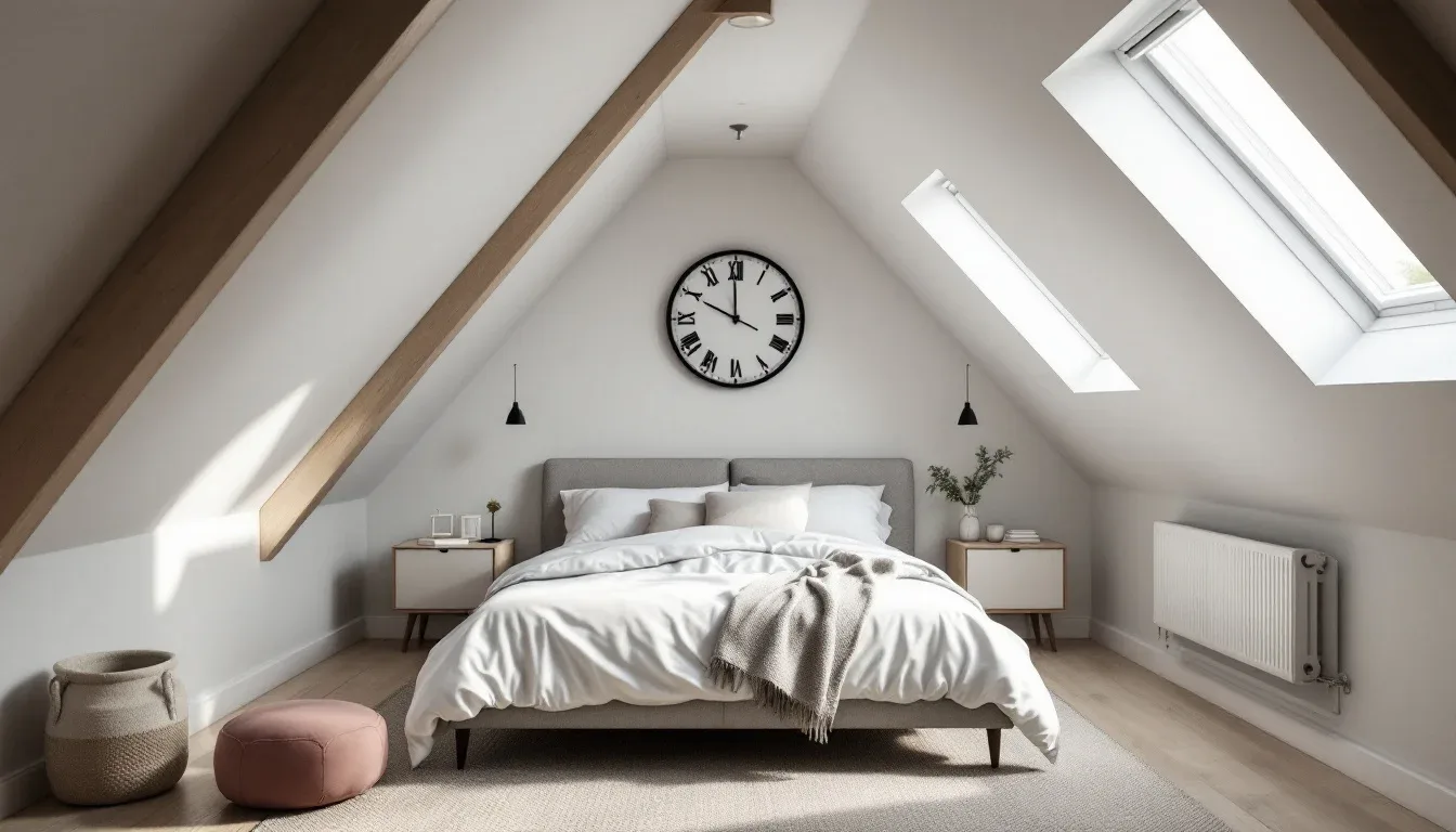 Converted attic bedroom with sloped ceilings, expo