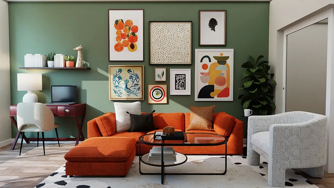 Eclectic living room with orange sectional sofa, g