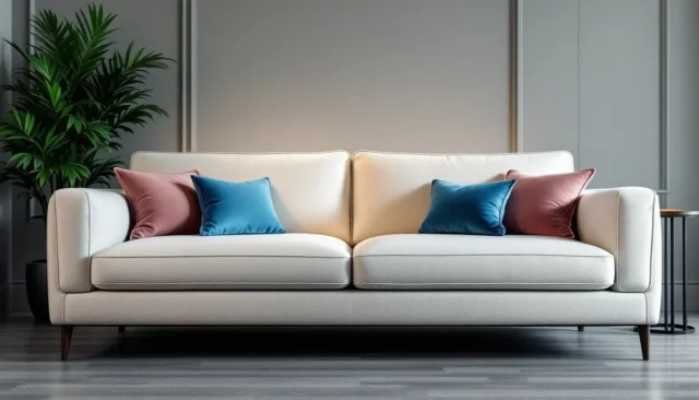 Modern cream sofa with blue and pink velvet cushio