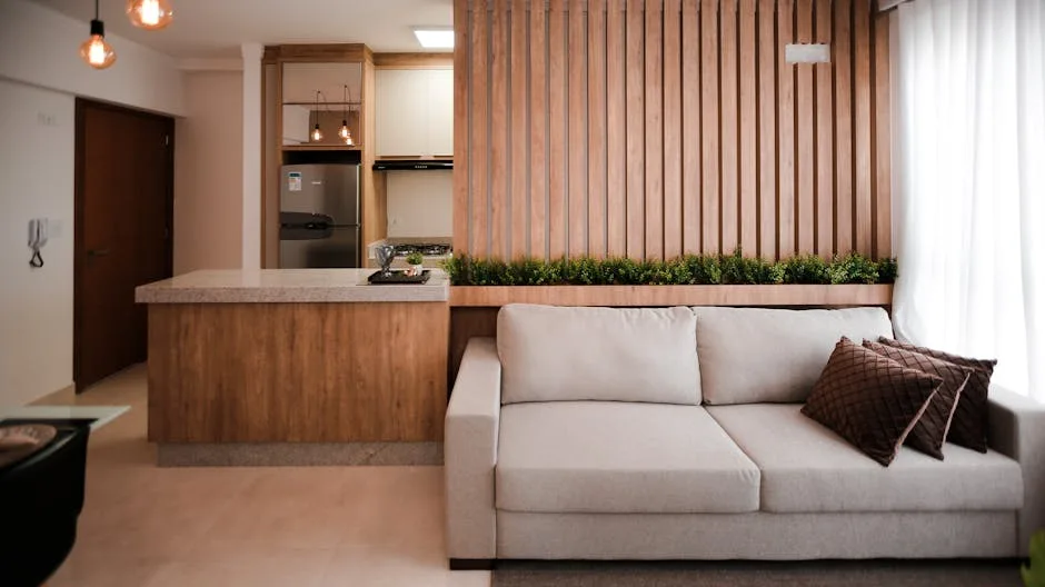 Open-plan living room with vertical wood slat wall