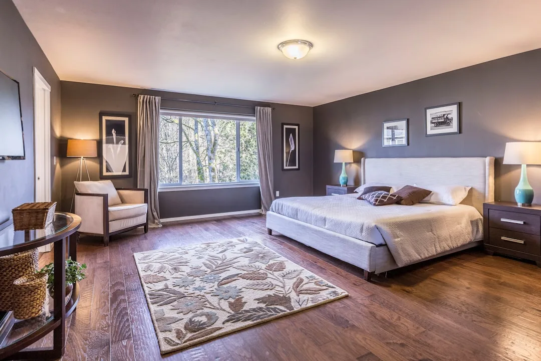 Warm-lit bedroom with bedside lamps and ceiling li