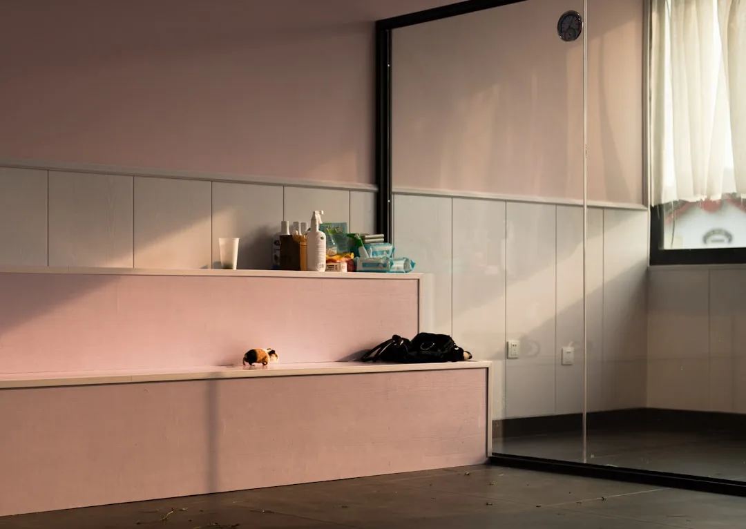 Pink half-wall platform with cantilevered ledge di