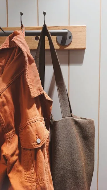 Orange denim jacket and gray tote bag hanging on wall-mounted hook rail in entryway coat storage