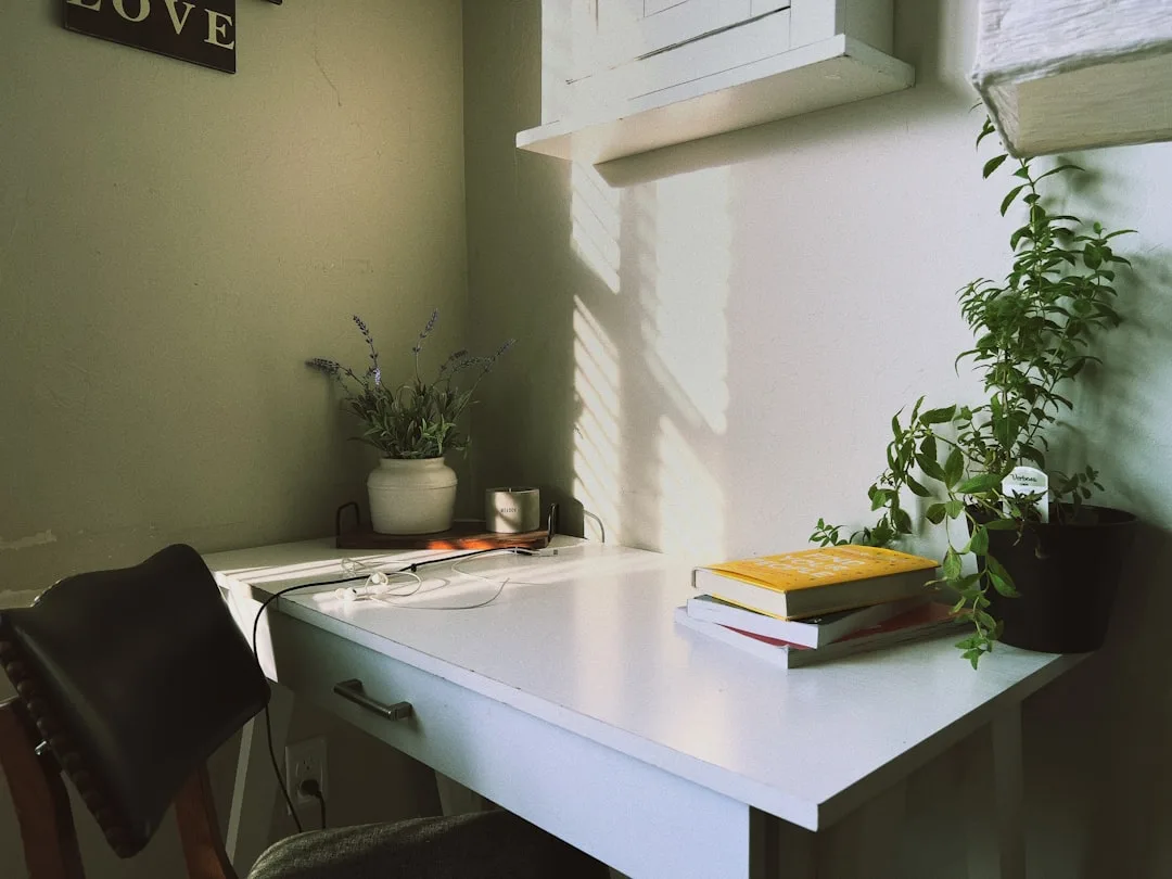 White wall-mounted floating desk with books and plants in a small home office corner with natural light