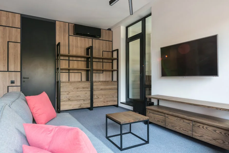 Modern living room with floor-to-ceiling wood and black metal shelving unit maximizing vertical wall space