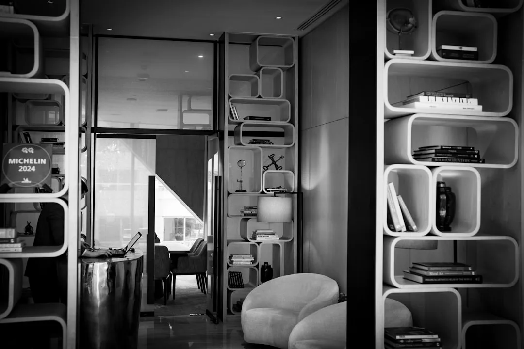 Modern open shelving units with rounded compartments dividing interior zones in a contemporary lounge space