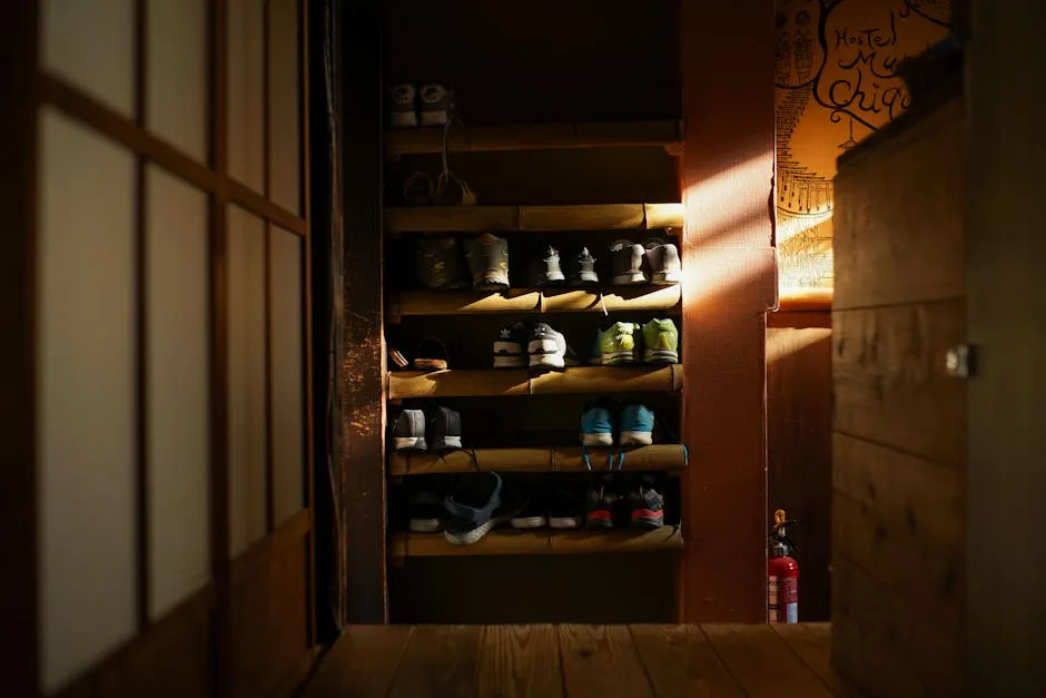 Wooden shoe rack with multiple pairs of sneakers stored in a dimly lit entryway closet