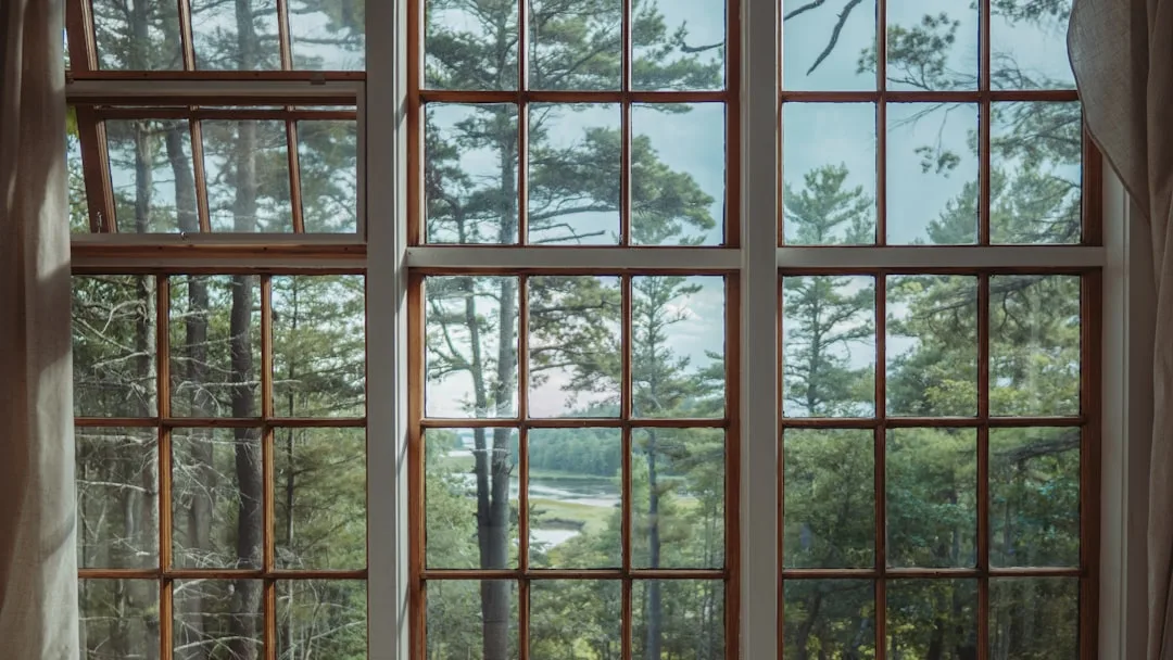 Large wood-framed multi-pane windows overlooking tall pine trees and a distant river view from inside a cozy room