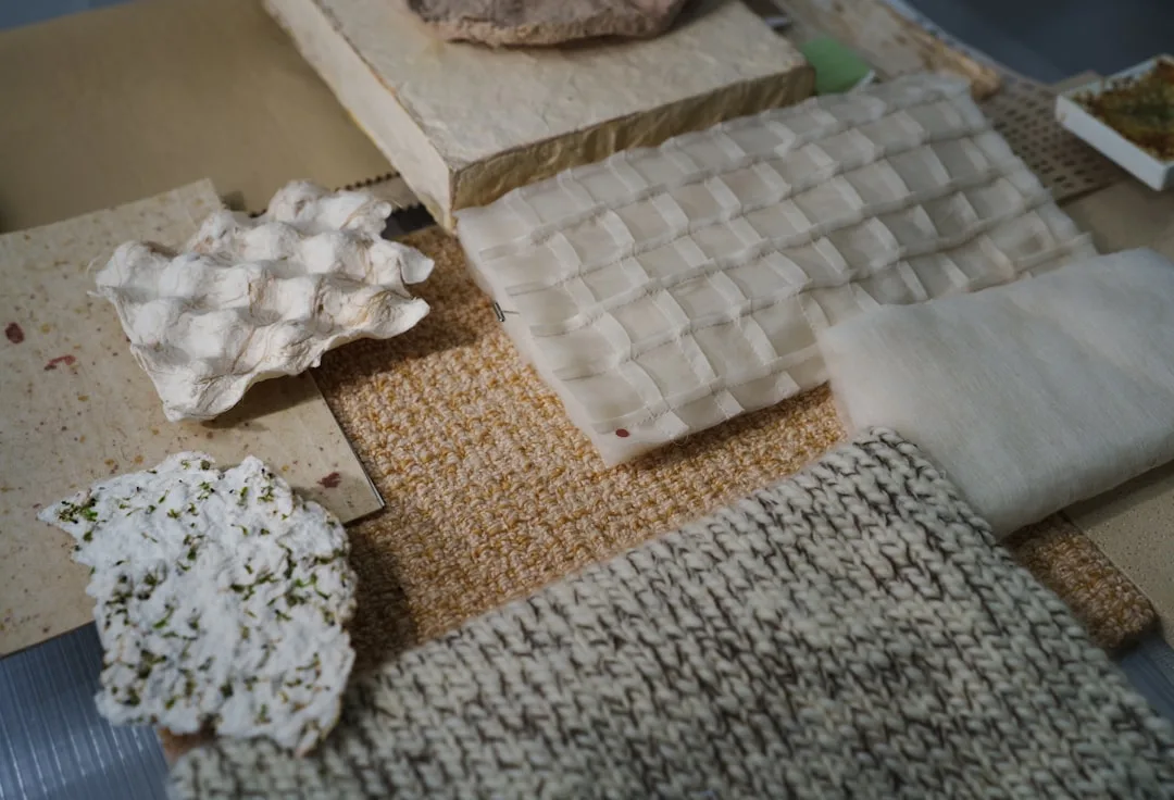 Natural texture material samples including woven jute, knitted wool, paper pulp and quilted fabric for sustainable decor