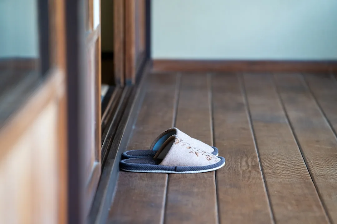 Pair of indoor slippers placed neatly on wooden floor beside a doorway to save hall closet floor space