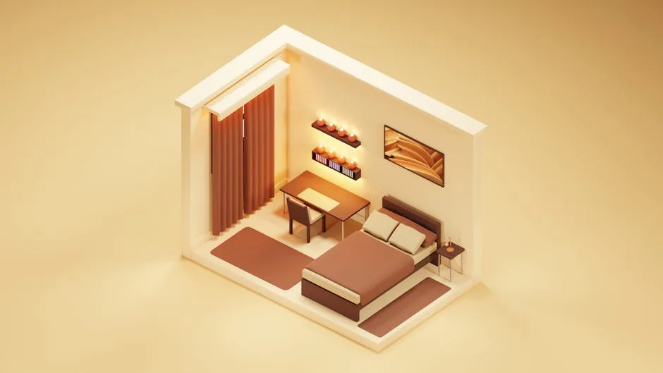 Isometric 3D render of a cozy bedroom with bed and desk floated away from walls in open layout