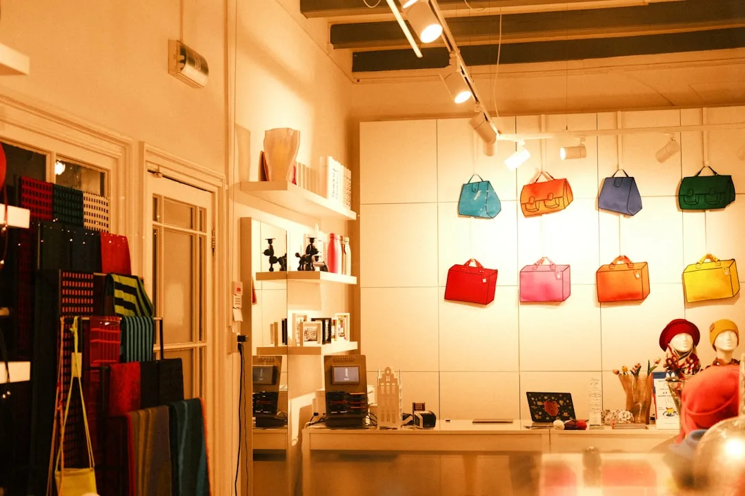 Colorful bags and totes displayed on white wall in modern retail store with track lighting