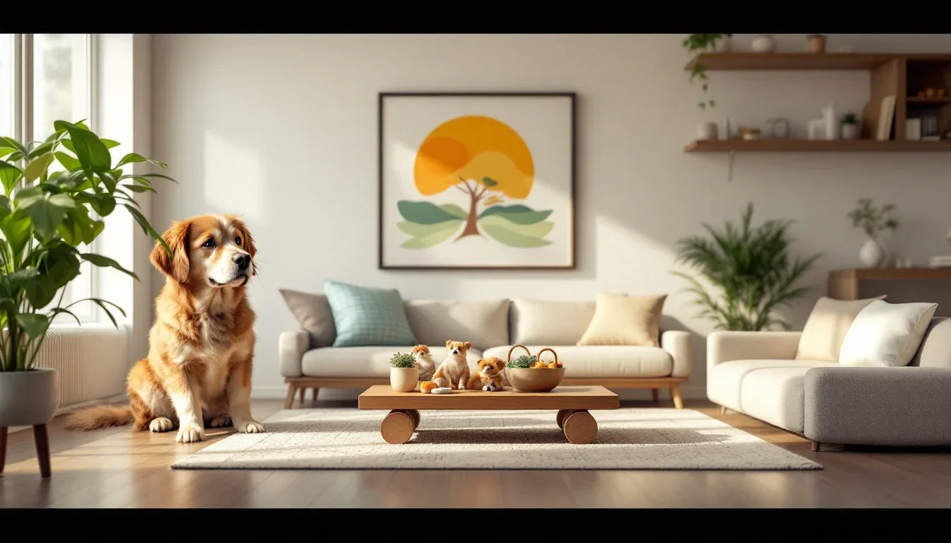 Golden retriever sitting in a bright modern living room with pet toys on coffee table and cozy home decor