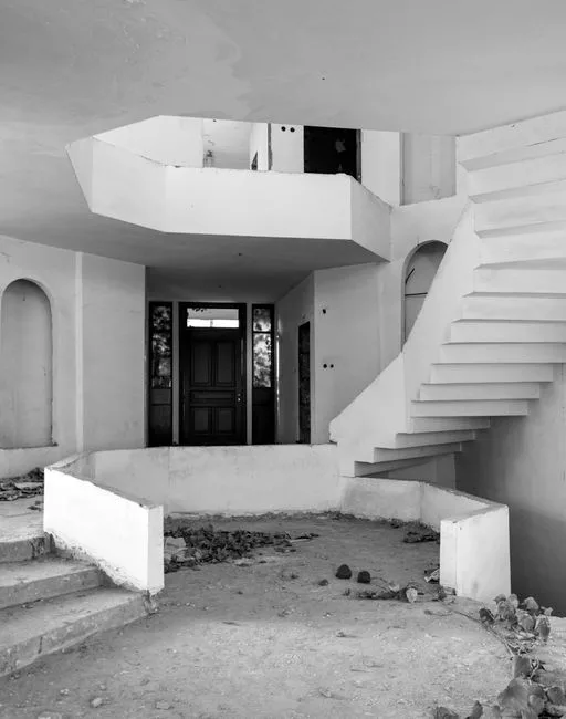 Abandoned building with angled walls, open entry and geometric staircase showing strategic layout without doors