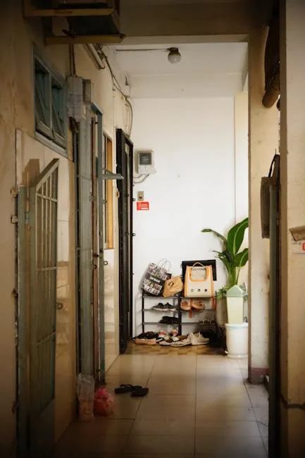 Narrow apartment hallway entryway with shoe rack, bags, sandals on floor, and potted plant near door