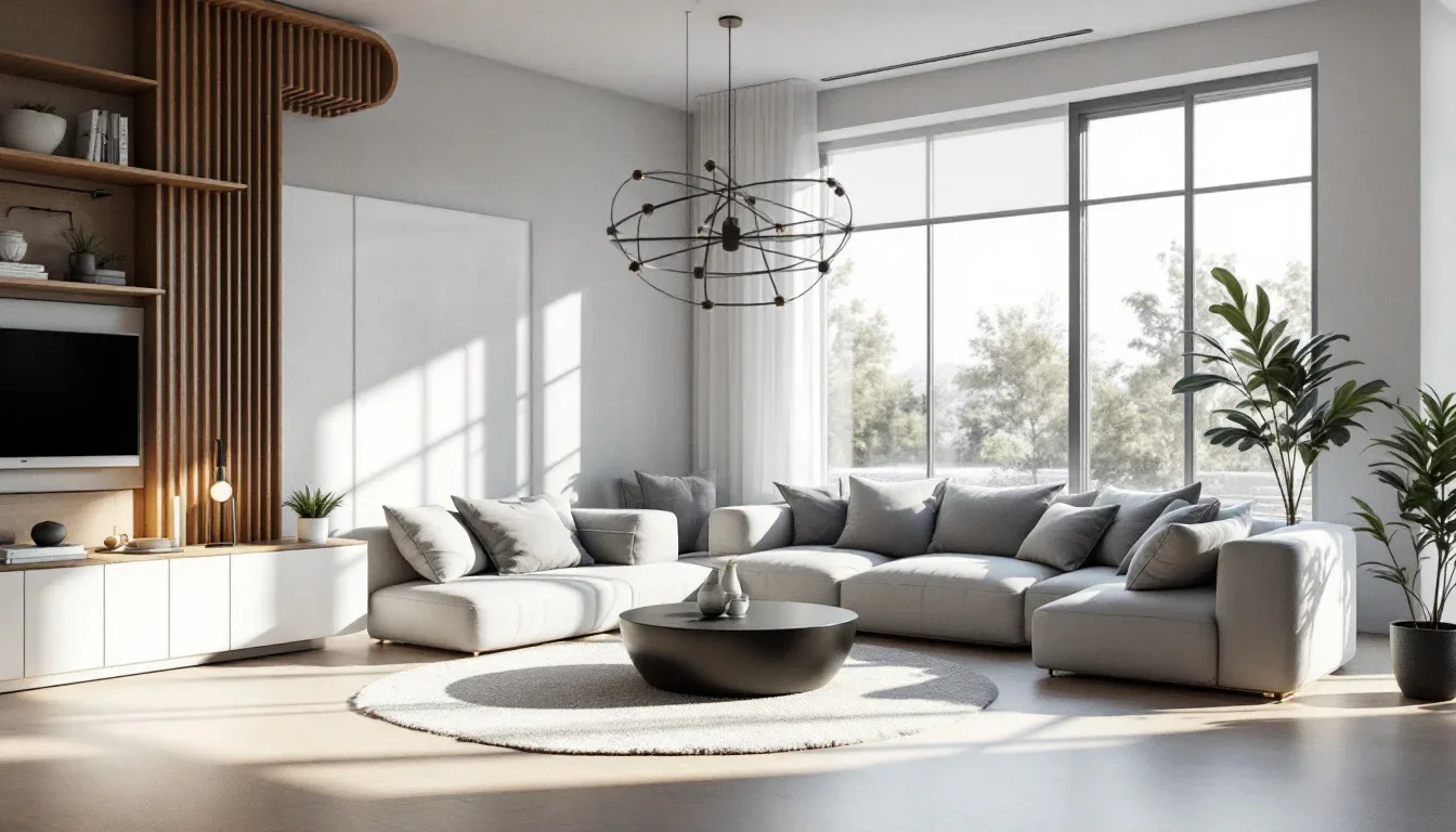 Modern minimalist living room with sectional sofa, round coffee table, and open floor plan zone layout