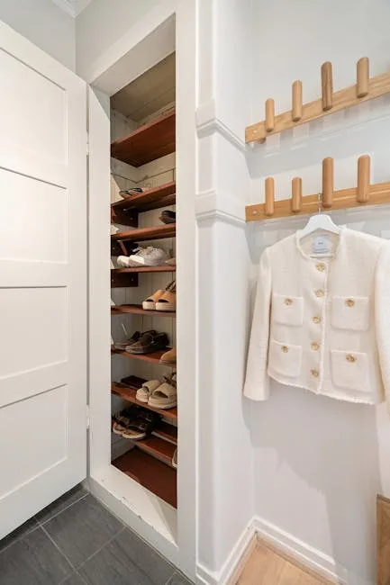 Entryway storage zone with built-in wooden shoe shelves and wall-mounted coat hooks with jacket hanging