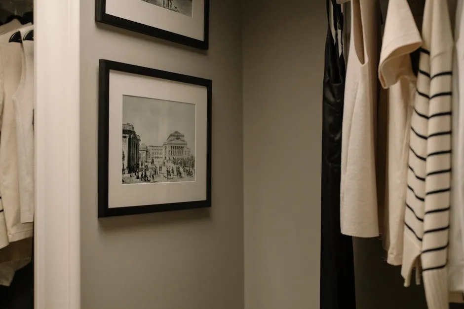 Walk-in closet with hanging clothes on rod and framed artwork on gray wall showing organization in small space