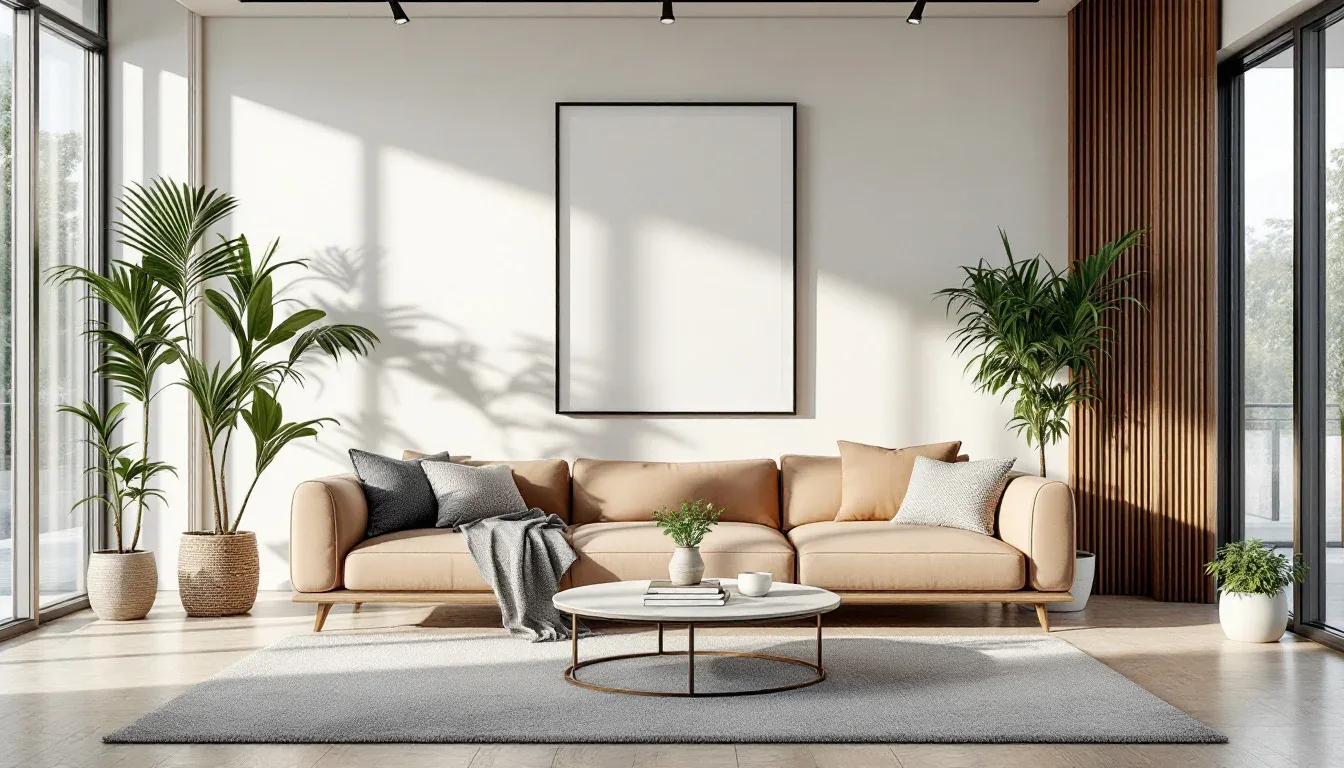 Modern minimalist living room with tan sofa, plants, and blank wall frame — contemporary interior design