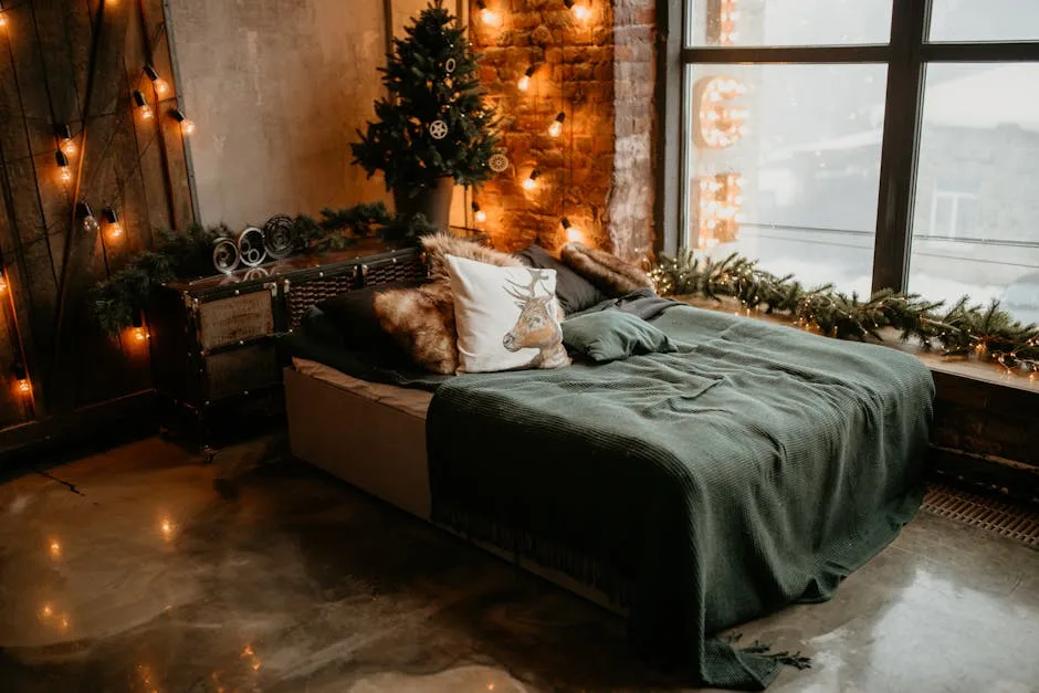 Small Christmas tree with warm string lights decorating a cozy studio bedroom with green blanket and festive decor