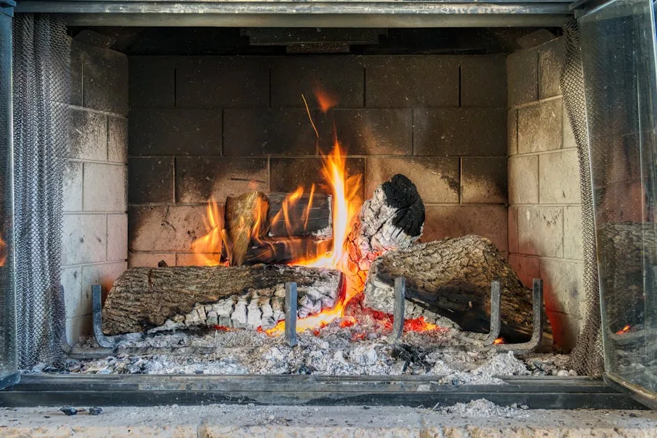 Wood-burning fireplace with active flames, logs on andirons, ash bed, and brick firebox interior showing heat clearance 