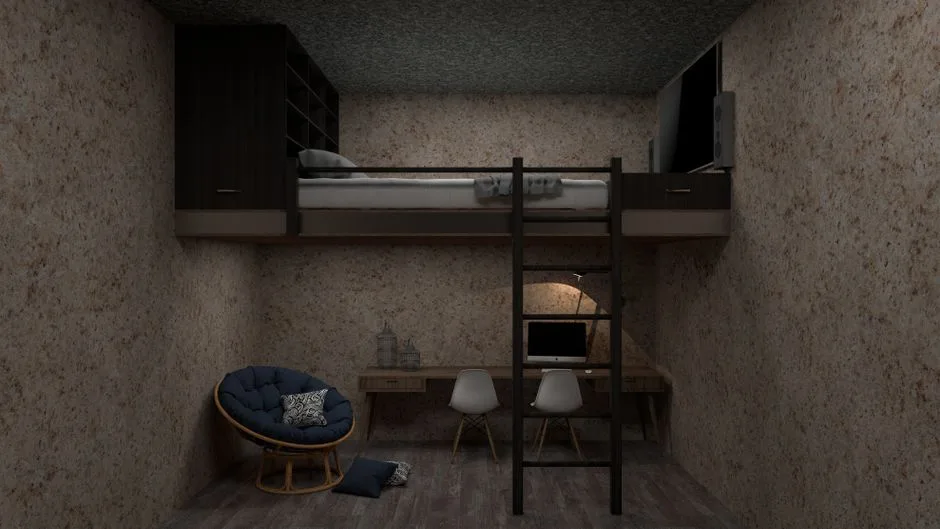 Loft bedroom with built-in desk workspace, monitor, and chairs beneath elevated bed maximizing small room layout
