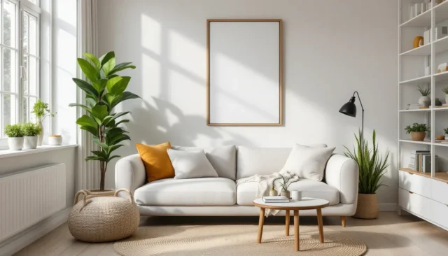 Bright Scandinavian living room with white sofa, p
