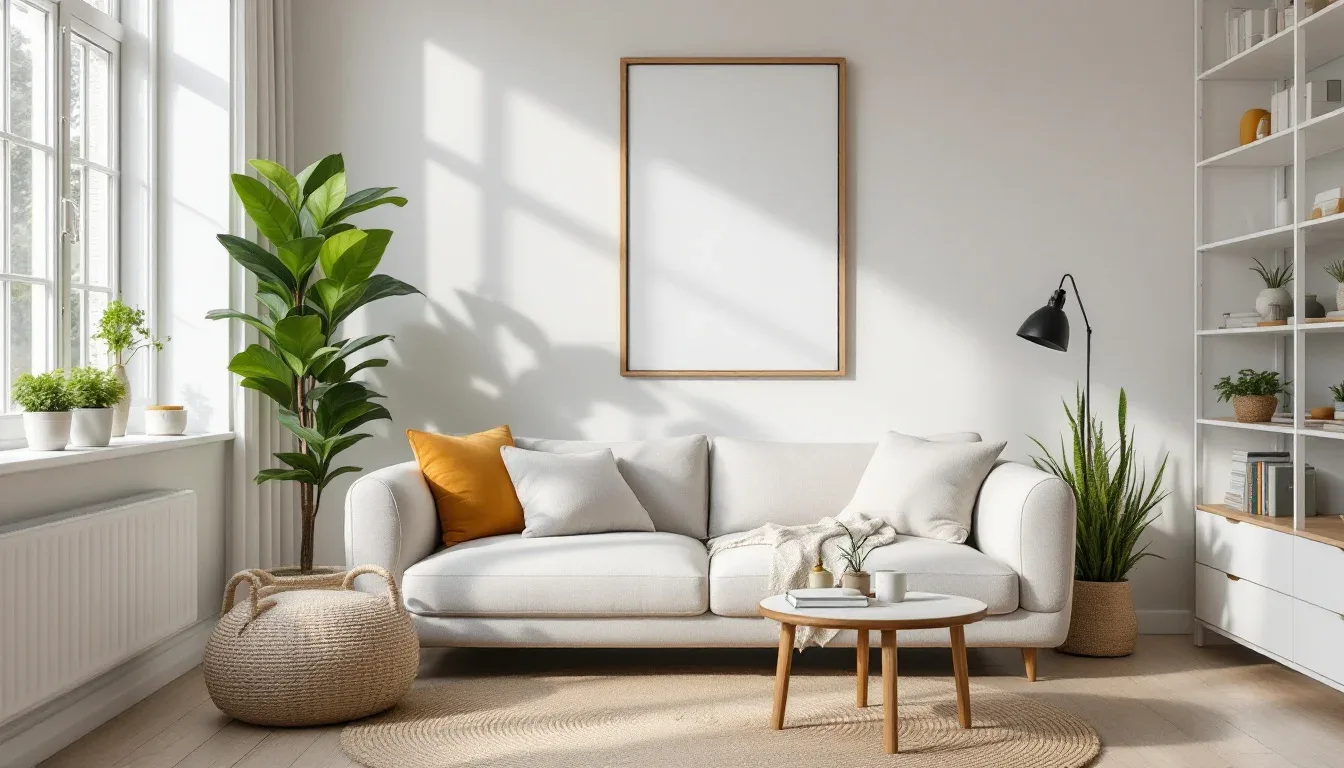 Bright Scandinavian living room with white sofa, p