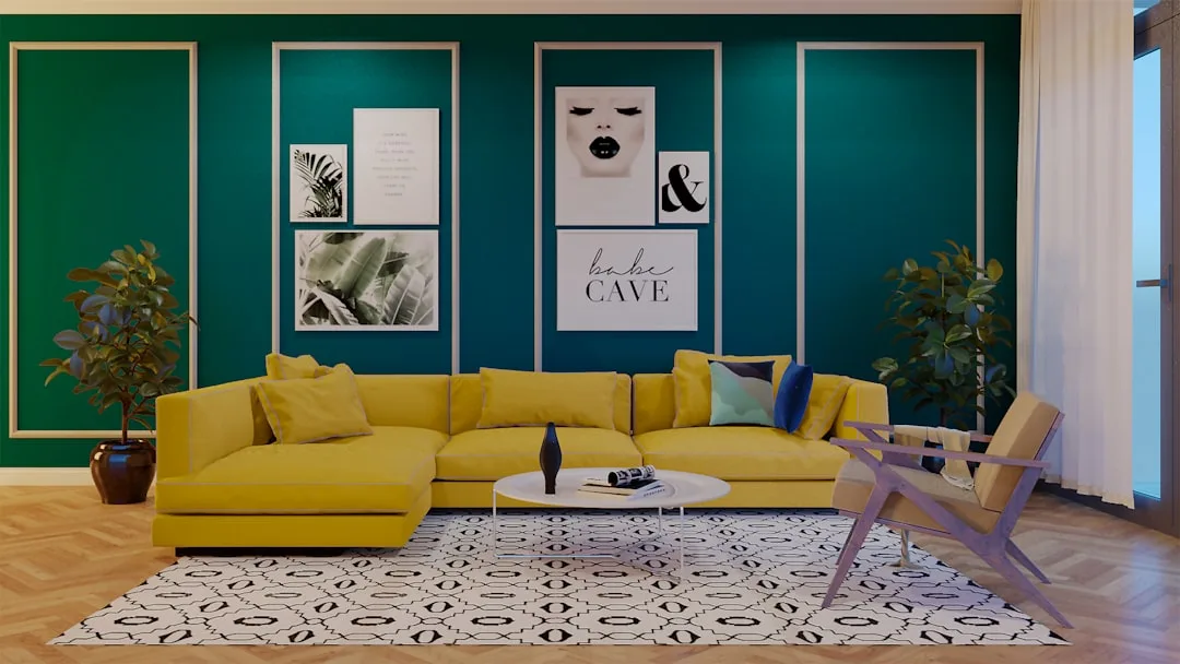Teal living room with yellow sectional sofa showing contrast of bold wall color with white trim and warm wood floor