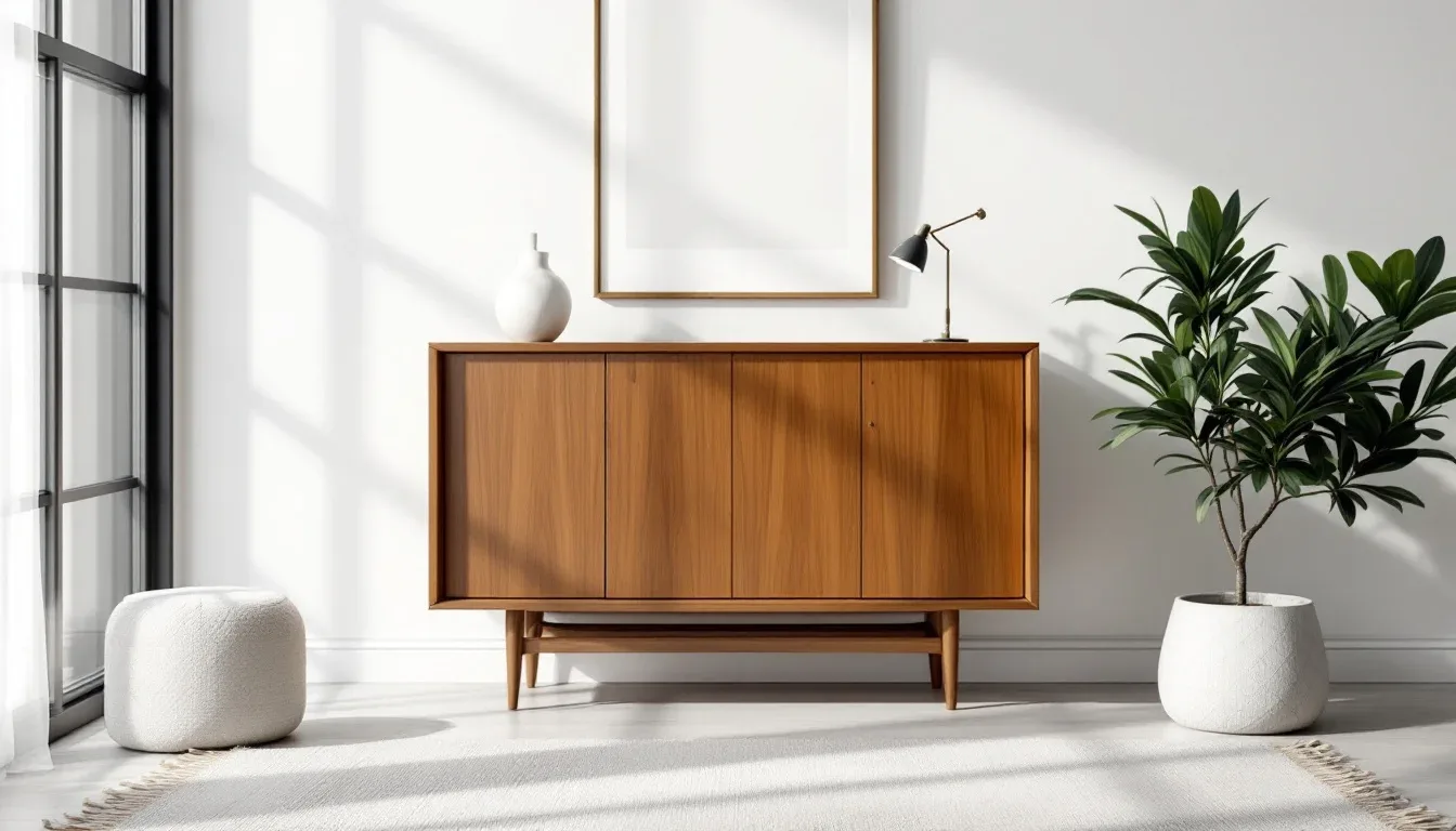 Mid-century modern walnut sideboard with clean wood grain details in a minimalist white interior setting