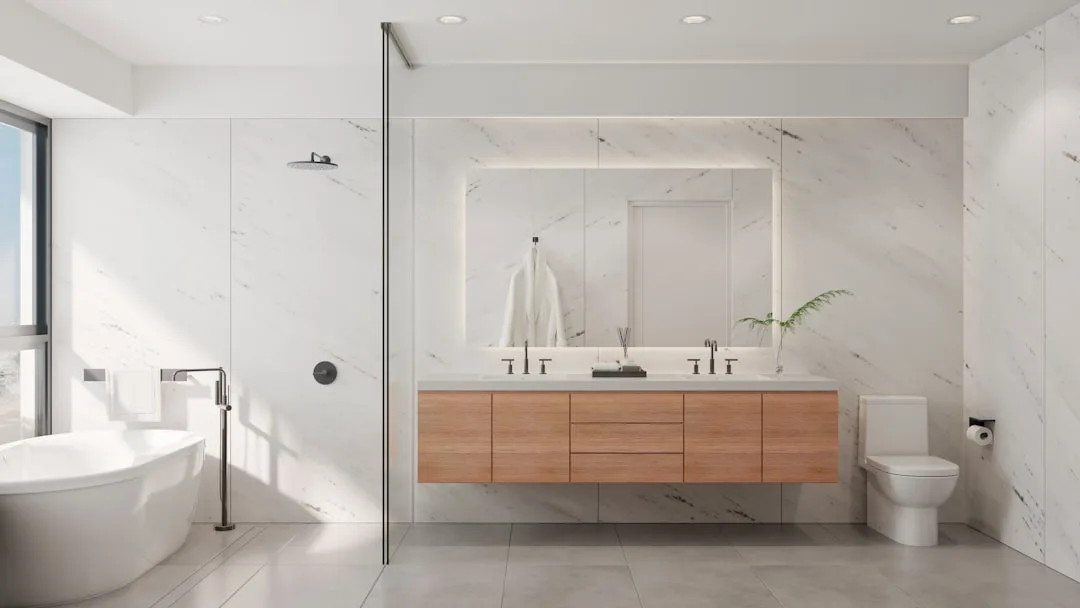 Modern luxury bathroom with matte black fixtures, wood floating vanity, marble walls, freestanding tub and walk-in showe