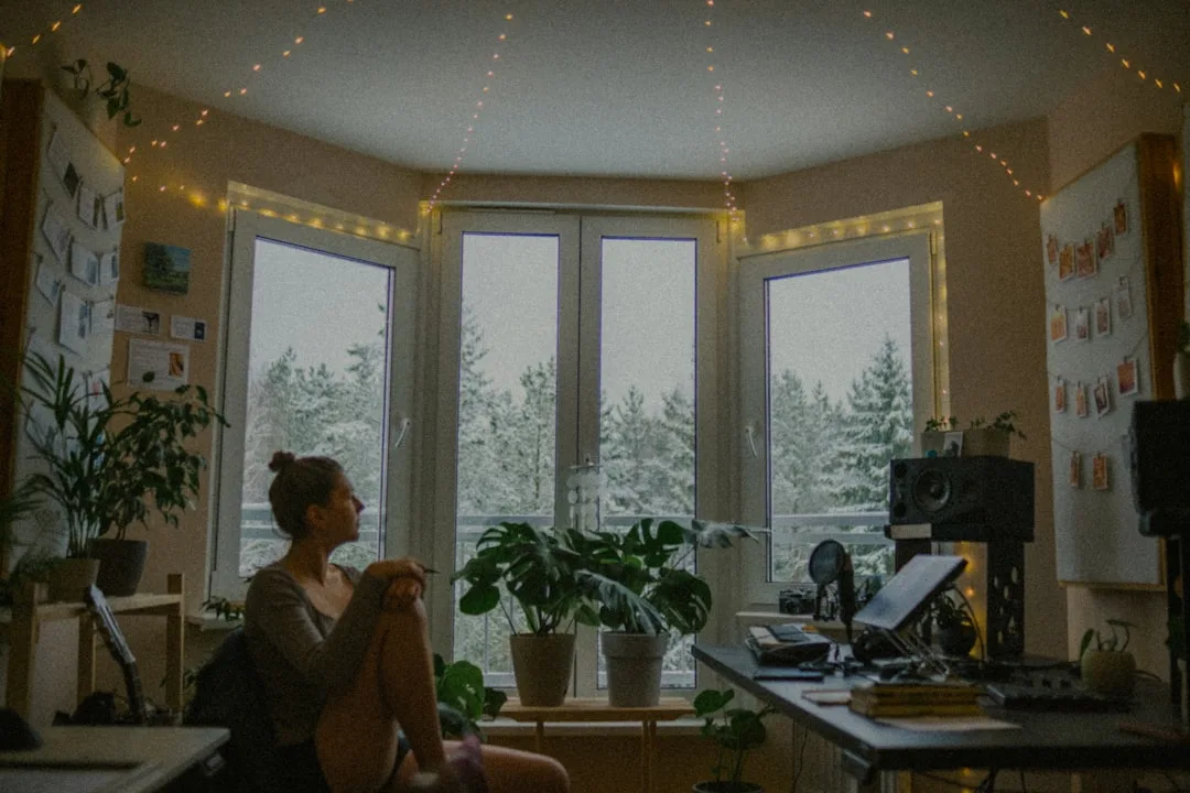 Cozy studio apartment decorated with fairy lights