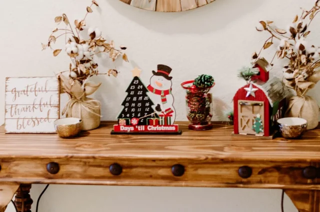 Rustic console table styled with Christmas countdo