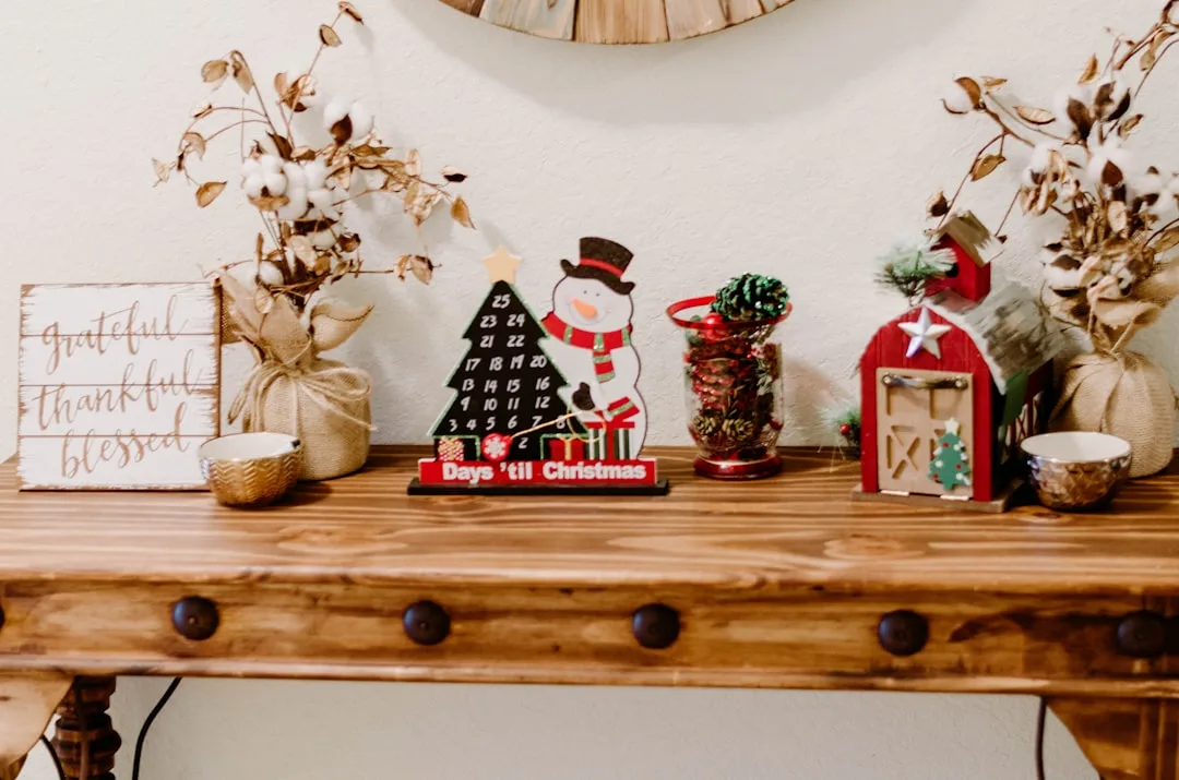 Rustic console table styled with Christmas countdo