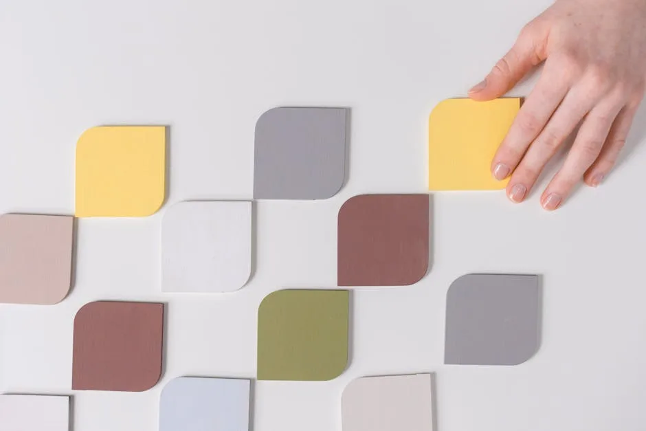 Hand placing yellow paint color swatch among greige, gray, and muted tone samples for interior color matching