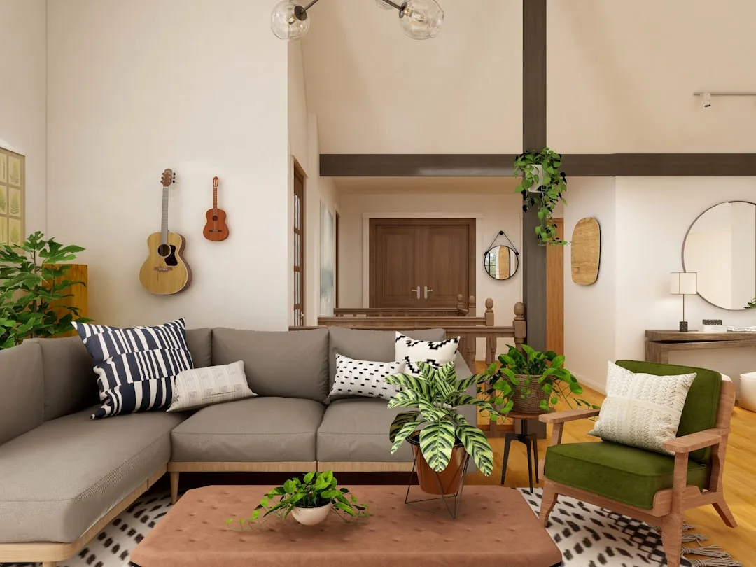 Living room with mixed wood tones including light oak sofa legs, walnut door, and warm brown coffee table showing undert