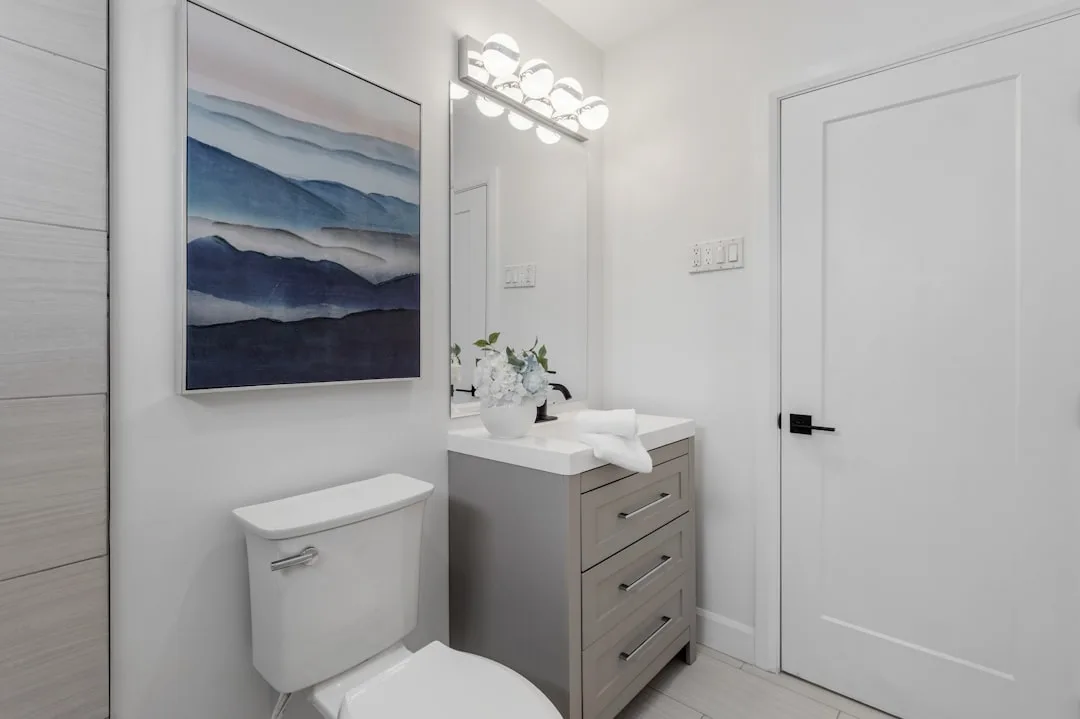 Small modern powder room with gray vanity, white countertop, toilet, and mountain artwork showing compact bathroom layou