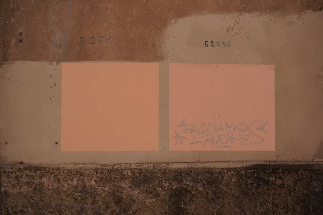 Two warm salmon-pink paint test squares on a weathered wall showing real-scale color sampling before full commitment