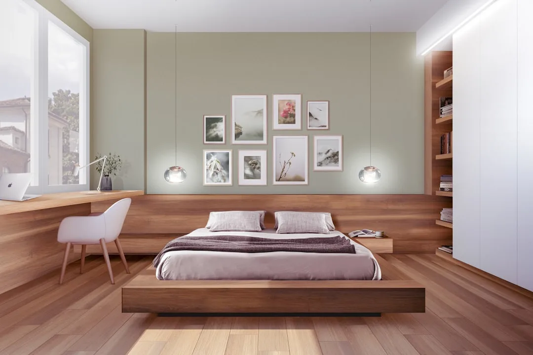 Modern bedroom with warm wood platform bed and diffused pendant lighting illustrating soft 3000 lumen bedroom lighting d
