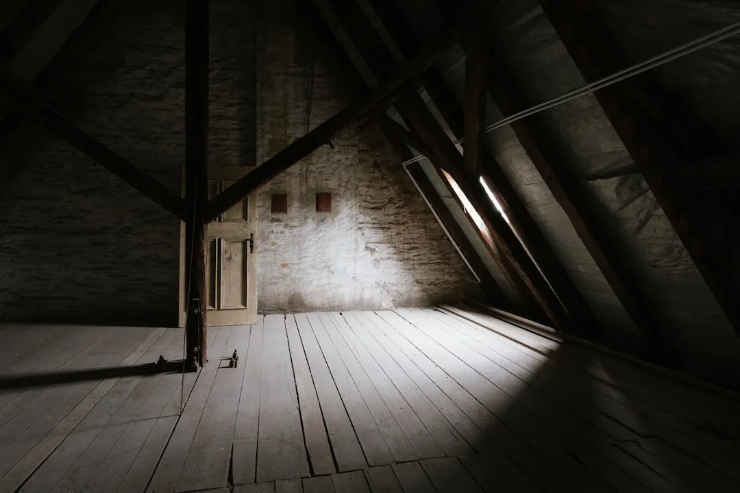 Empty unfinished attic space with exposed wooden beams, sloped ceiling, and light filtering through gaps in old planks