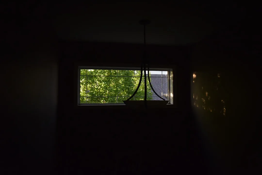 Dark interior room with single window letting in natural light, pendant light silhouette, demonstrating low-light nook l