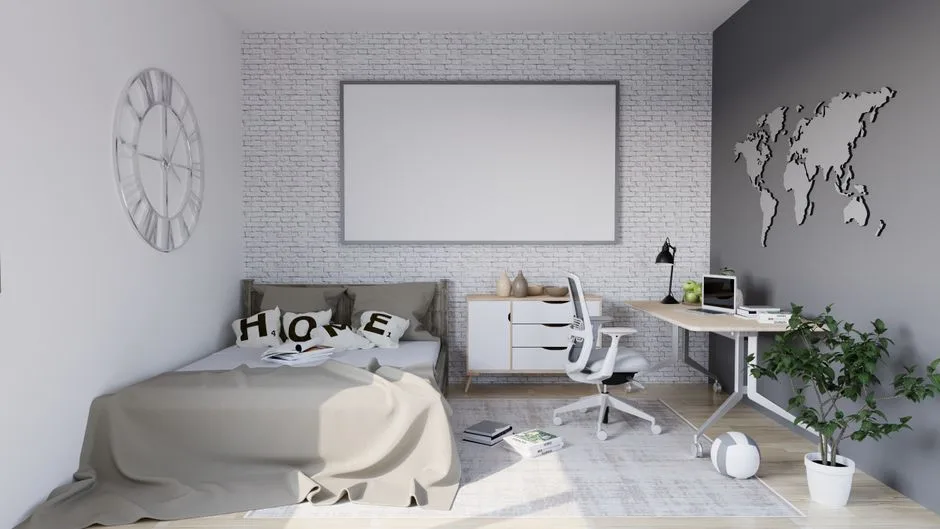 Modern Scandinavian bedroom with distinct zones: sleeping area, study desk, and storage dresser in white and gray tones