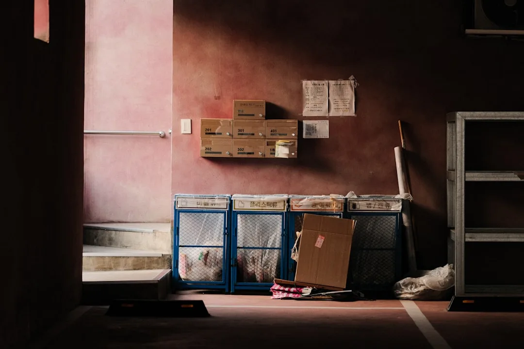 Mismatched storage bins and cardboard boxes in a disorganized building lobby showing poor container planning