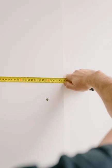 Person measuring a white wall with a yellow tape measure before buying wall decor or shelving