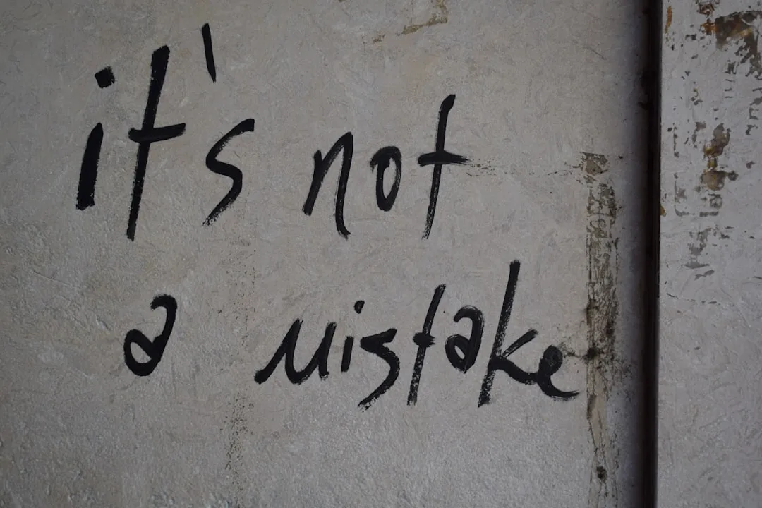 Graffiti on a textured wall reading 'it's not a mistake' in black paint
