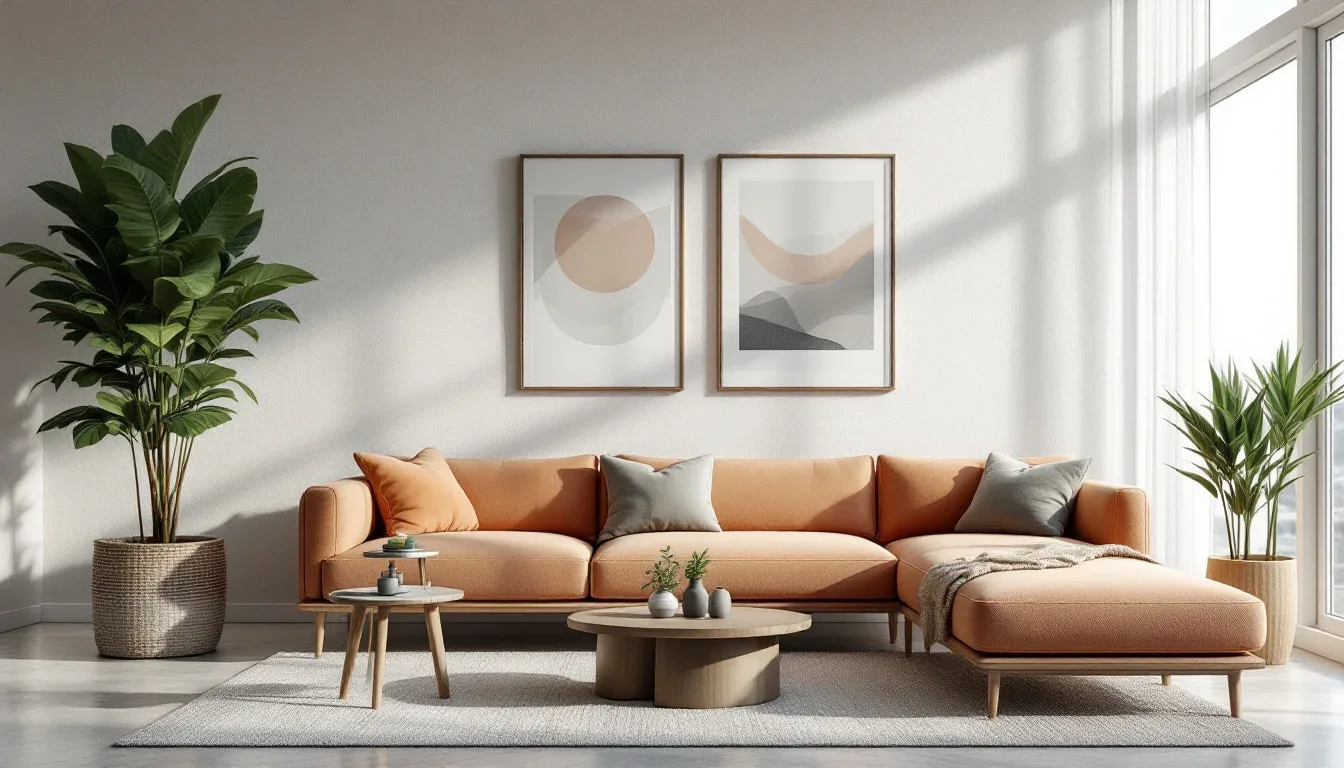 Mid-century modern orange sectional sofa with wood legs and coffee table in minimalist living room