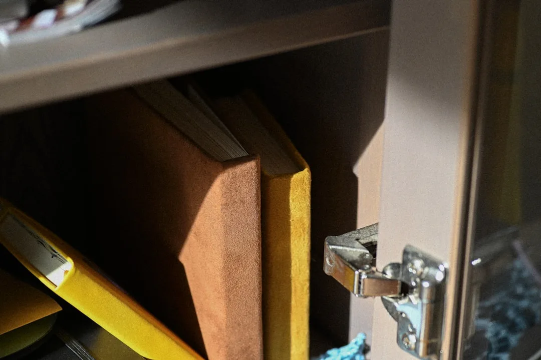 Cabinet door hinge and interior shelf with books and yellow folder showing deep cabinet storage organization