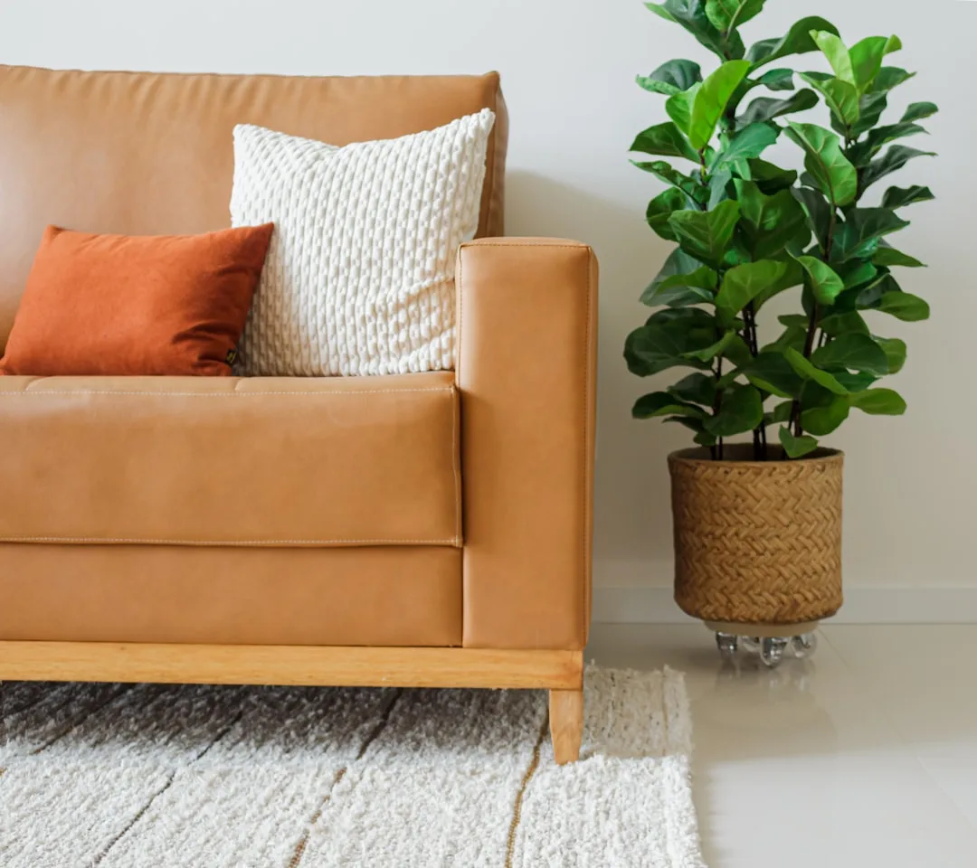 Tan leather sofa with throw pillows on a cream shag rug showing partial rug placement in a modern living room