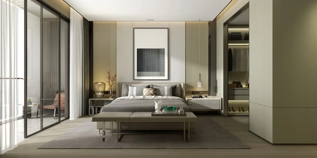 Modern luxury bedroom with mixed neutral furniture